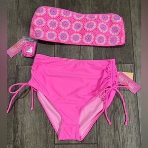 NWT Granny Crochet Bandeau Bikini Top High Waisted Cinch Tie Bottom Bikini Set